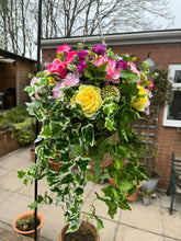 Load image into Gallery viewer, Pink, Yellow and Purple Artificial Hanging basket- 12 Inch Basket