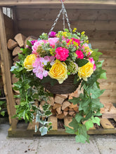 Load image into Gallery viewer, Pink, Yellow and Purple Artificial Hanging basket- 12 Inch Basket