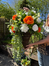 Load image into Gallery viewer, XL White Ivory and Orange Artificial Hanging Basket