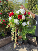 Load image into Gallery viewer, XL White Ivory and Red Artificial Hanging Basket