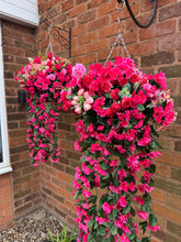 Load image into Gallery viewer, Red Pink Cerise Artificial Hanging Basket - Brown Basket
