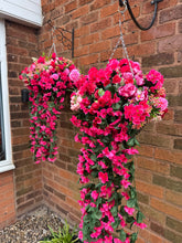 Load image into Gallery viewer, Red Pink Cerise Artificial Hanging Basket - Brown Basket