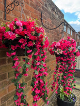 Load image into Gallery viewer, Red Pink Cerise Artificial Hanging Basket - Brown Basket
