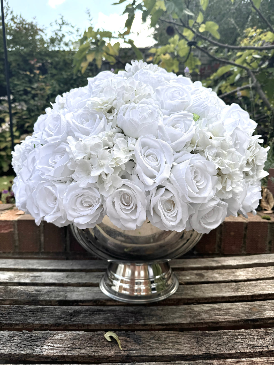 Silver Champagne Bowl - Pure White Roses, Peonies and Hydrangeas