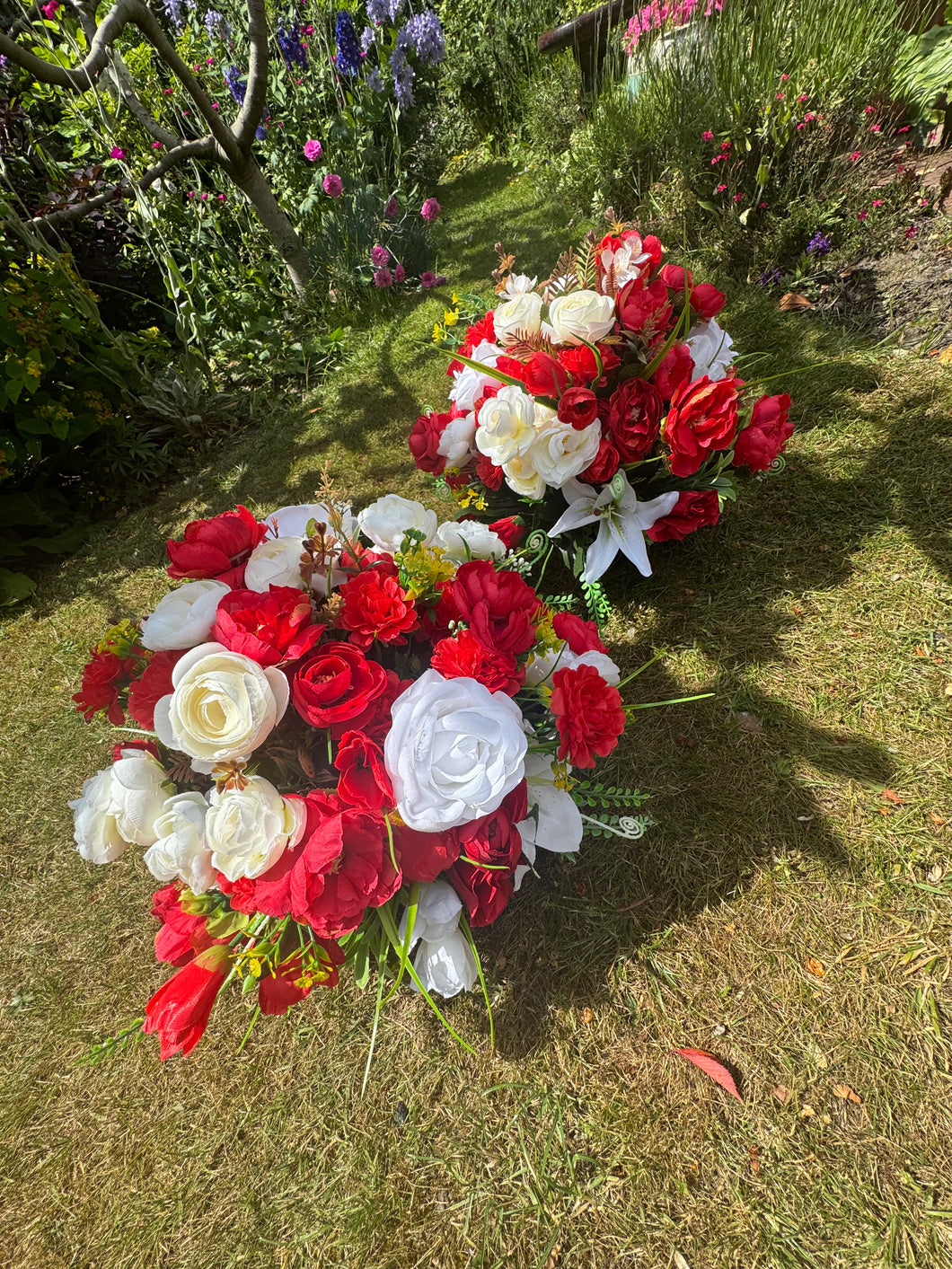 Red and White Artificial Grave Pot