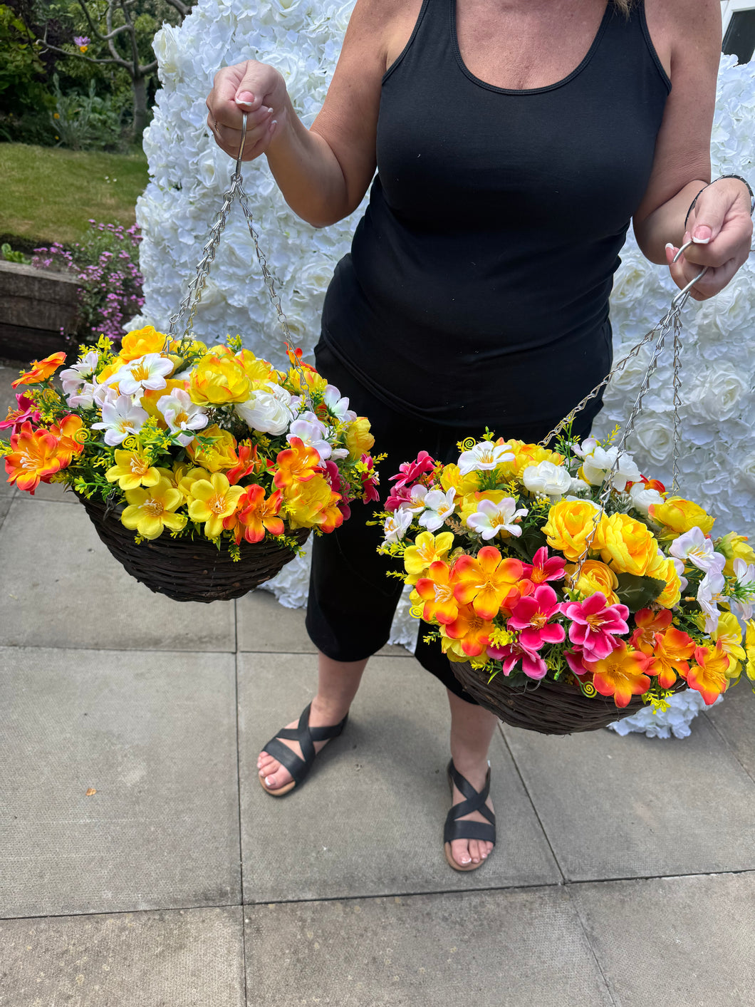 Pink Yellow and Orange Hanging Baskets