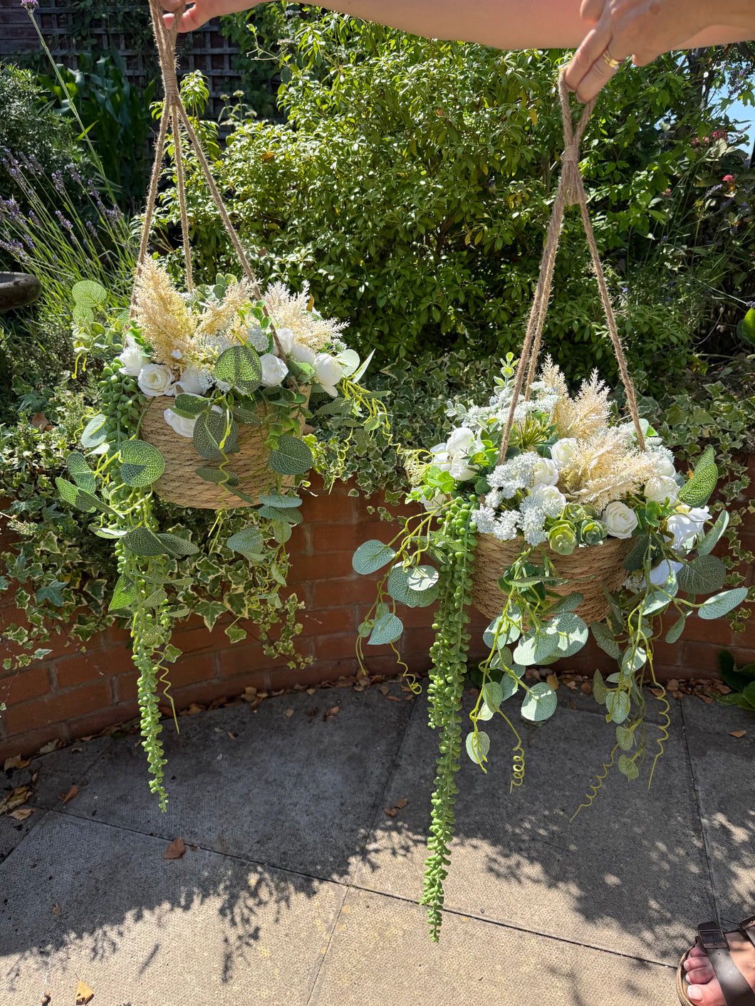Weaver Hanging Basket - Ivory and greenery