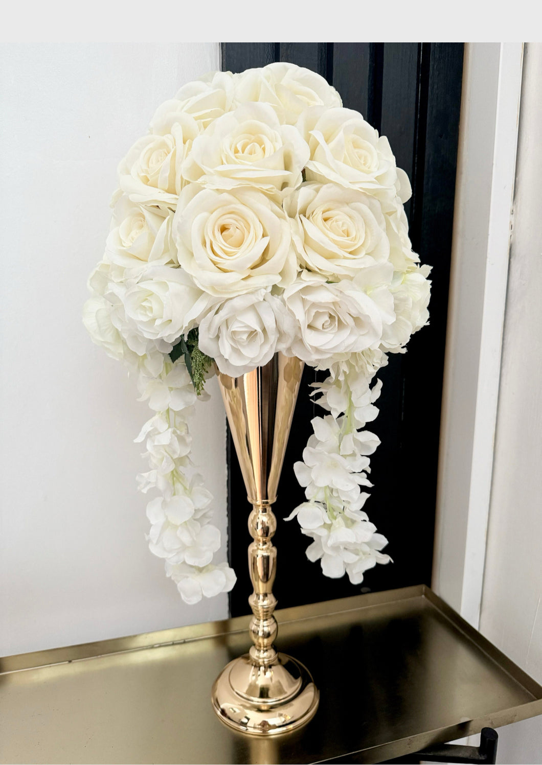 Ivory and White Artificial Flowers and Gold Vase