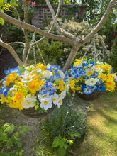 Load image into Gallery viewer, Blue Yellow and Ivory Artificial Hanging Baskets - Set of 2
