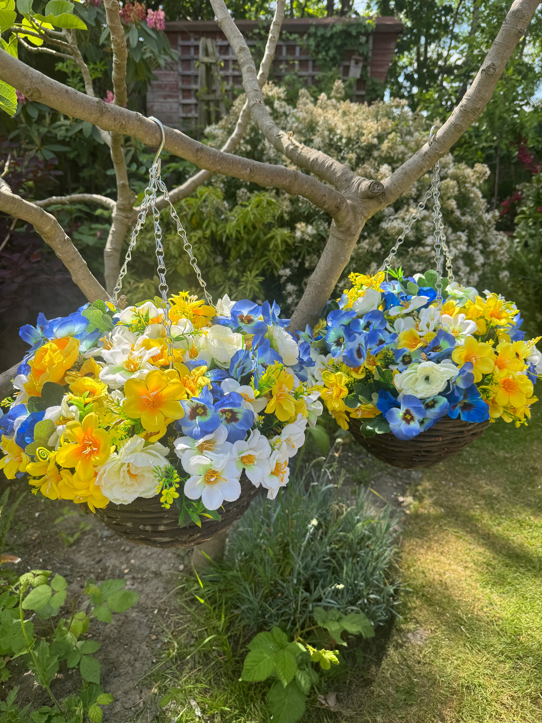 Blue Yellow and Ivory Artificial Hanging Baskets - Set of 2