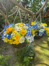 Load image into Gallery viewer, Blue Yellow and Ivory Artificial Hanging Baskets - Set of 2
