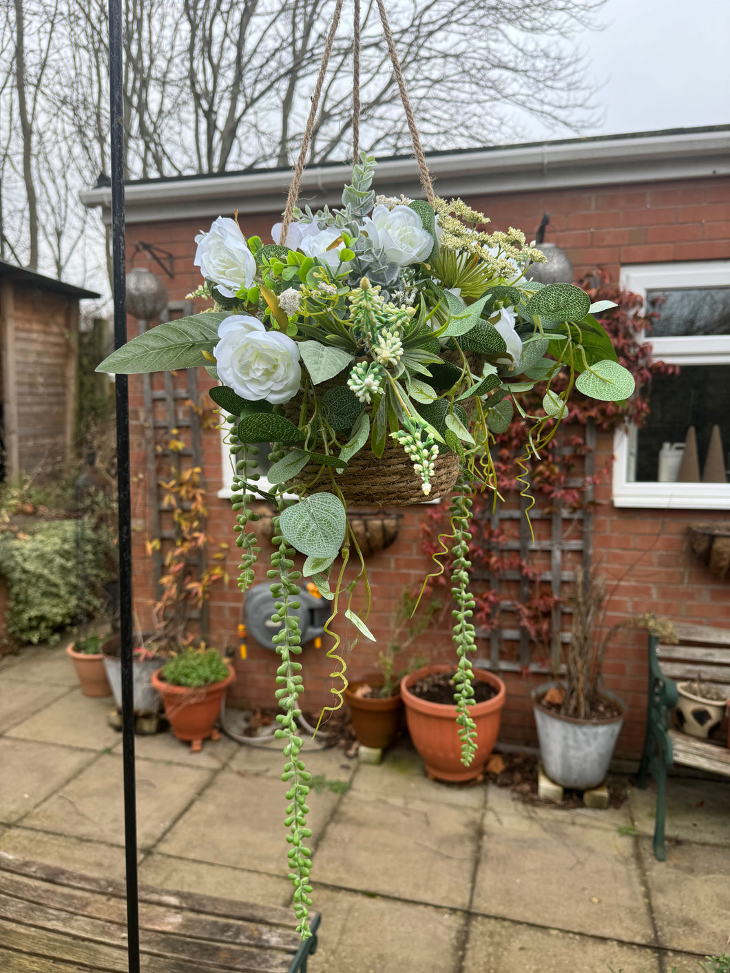 Weaver Hanging Basket - Ivory and greenery