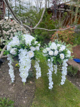 Load image into Gallery viewer, Artificial Hanging basket- 12 Inch Basket - White and Ivory flowers
