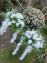 Load image into Gallery viewer, Artificial Hanging basket- 12 Inch Basket - White and Ivory flowers
