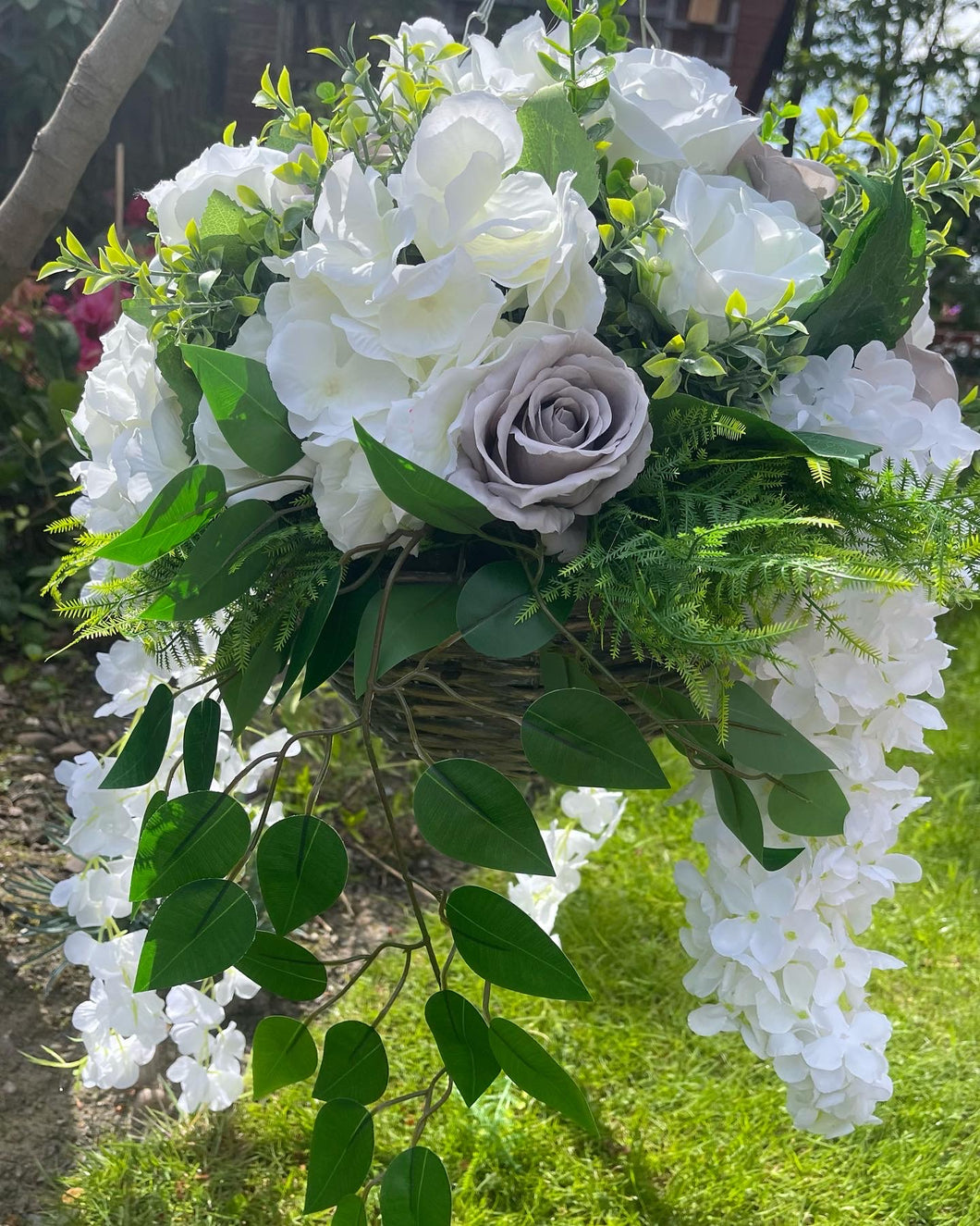 Grey, White and Ivory 12 inch Hanging Basket